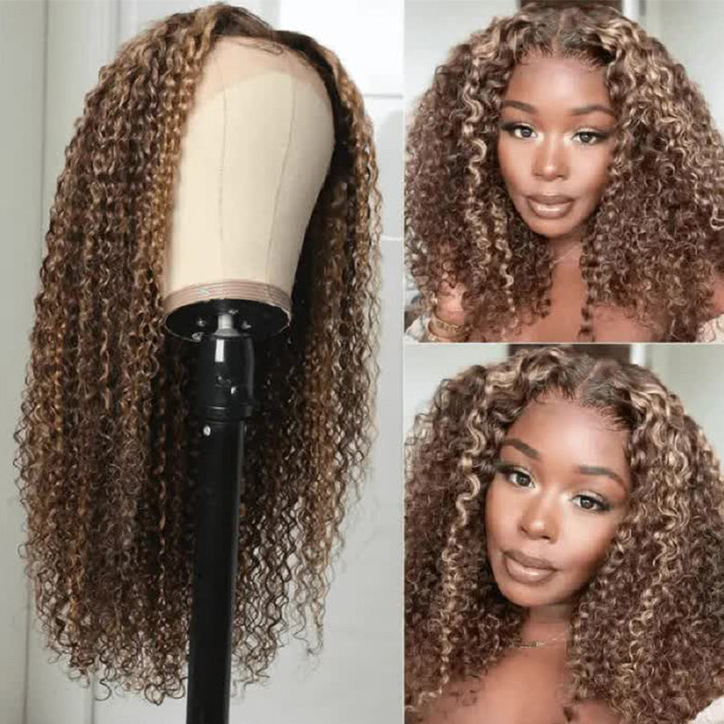 Honey Blonde Highlight Color Wig Curly Wave Lace Wig 4x4 Frontal Transparent Lace Wig 150% Density Human Hair Wig