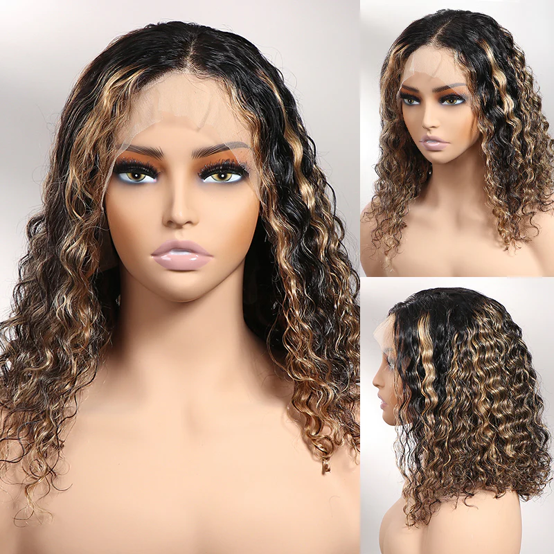 Highlight Curly Wig Bob Lace Front Wig 180% Density Wig Human Hair