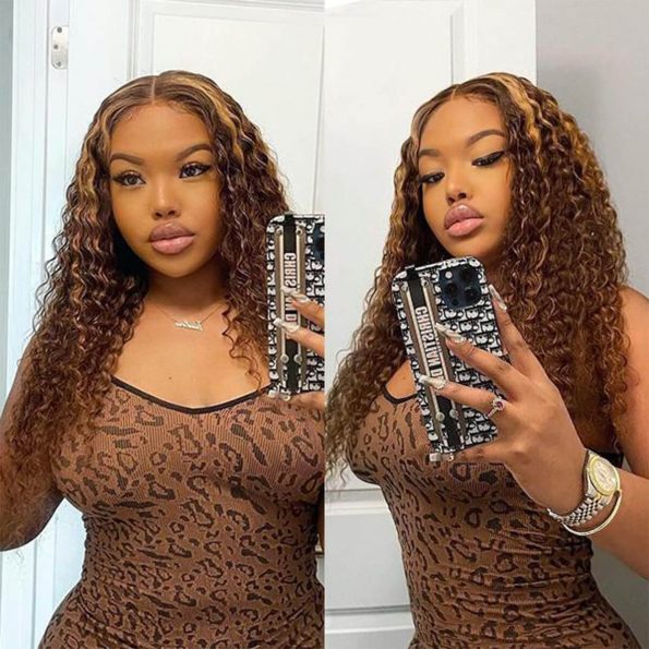 Honey Blonde Piano Highlight Color 180% Density Deep Wave13x4 Lace Front Transparent Frontal Transparent Lace Wig