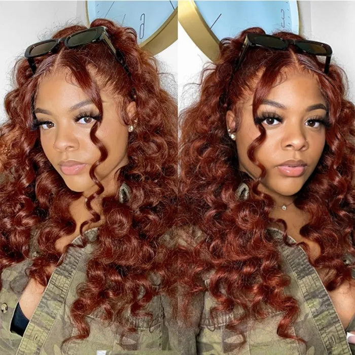 Reddish Brown Wig Deep Wave Wig 180% Density Closure Lace Wig