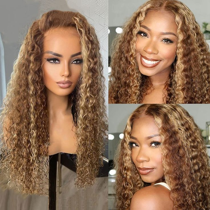 New Honey Blonde Highlight Color Curly 4x4 Frontal HD Lace Wig