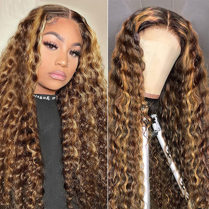New Honey Blonde Highlight Color Curly 4x4 Frontal Transparent Lace Wig