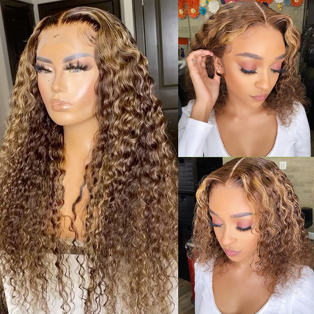 New Honey Blonde Highlight Color Curly 4x4 Frontal Transparent Lace Wig