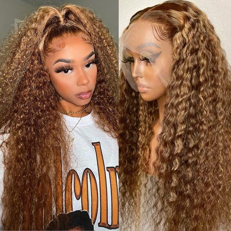 Honey Blonde Highlight Color Wig Curly Wave Lace Wig 4x4 Frontal Transparent Lace Wig 150% Density Human Hair Wig