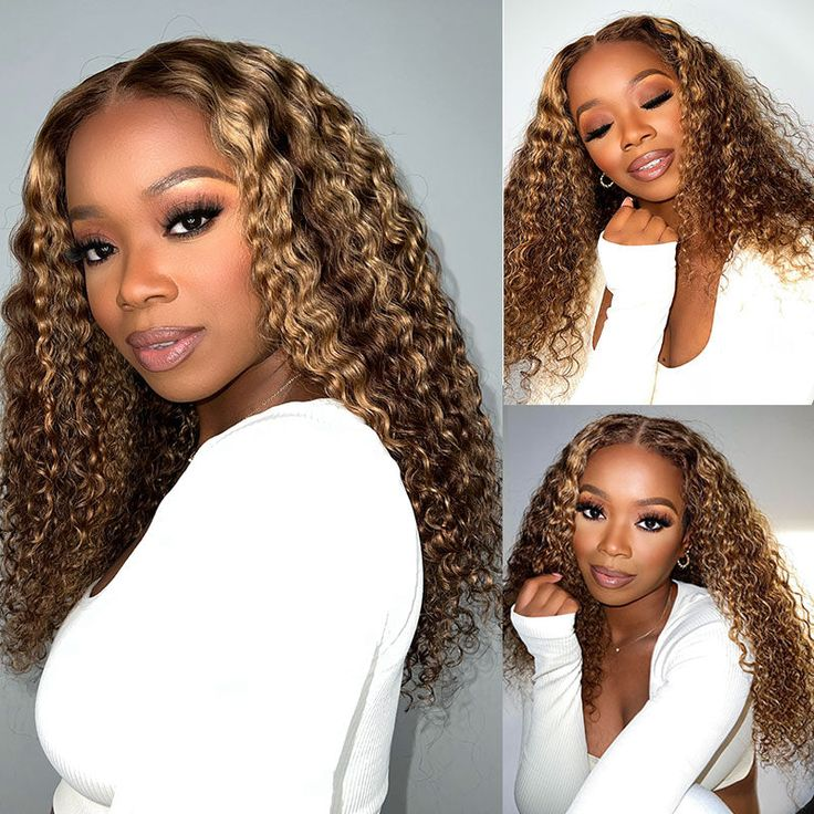 New Honey Blonde Highlight Color Curly 4x4 Frontal HD Lace Wig