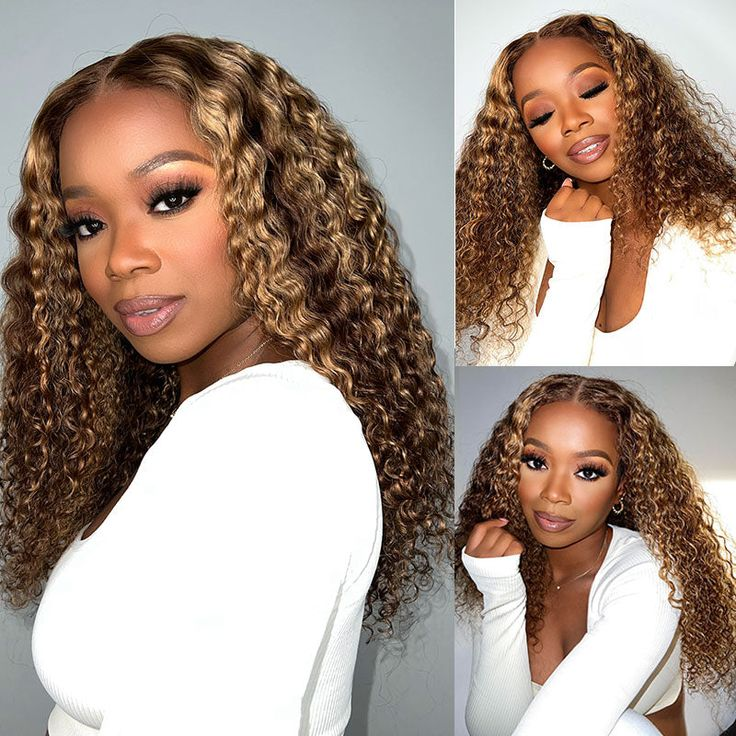 Honey Blonde Highlight Color Wig Curly Wave Lace Wig 4x4 Frontal Transparent Lace Wig 150% Density Human Hair Wig