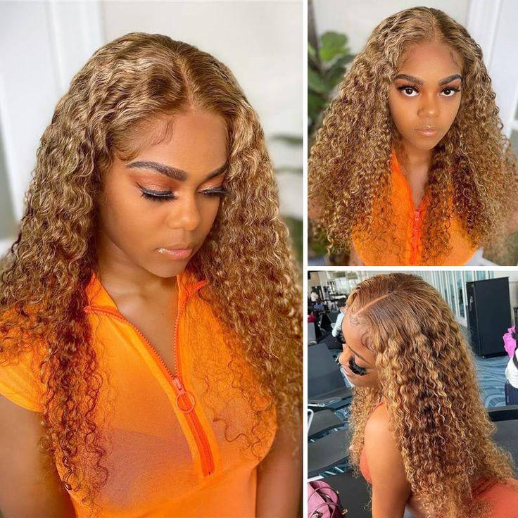 Honey Blonde Highlight Color Wig Curly Wave Lace Wig 4x4 Frontal Transparent Lace Wig 150% Density Human Hair Wig