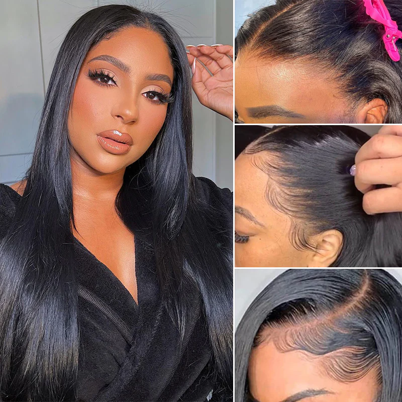 Natural Black Straight Wig 150% DensityHuman Hair 360 Transparent Pre Plucked Lace Front Wigs
