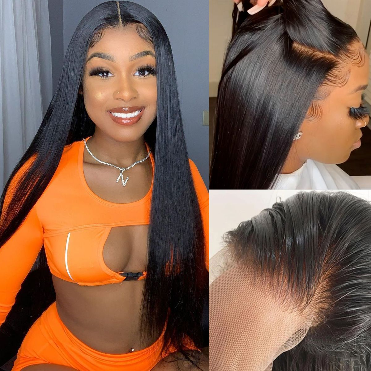 Natural Black Straight 360 Transparent Pre-Cut Lace Front Wigs 180% Density Hair